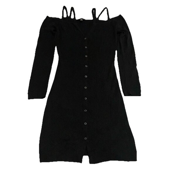 Miss Selfridge Button Through Black Cold Shoulder Ribbed Sweater Mini Dress - 10 - Picture 2 of 5